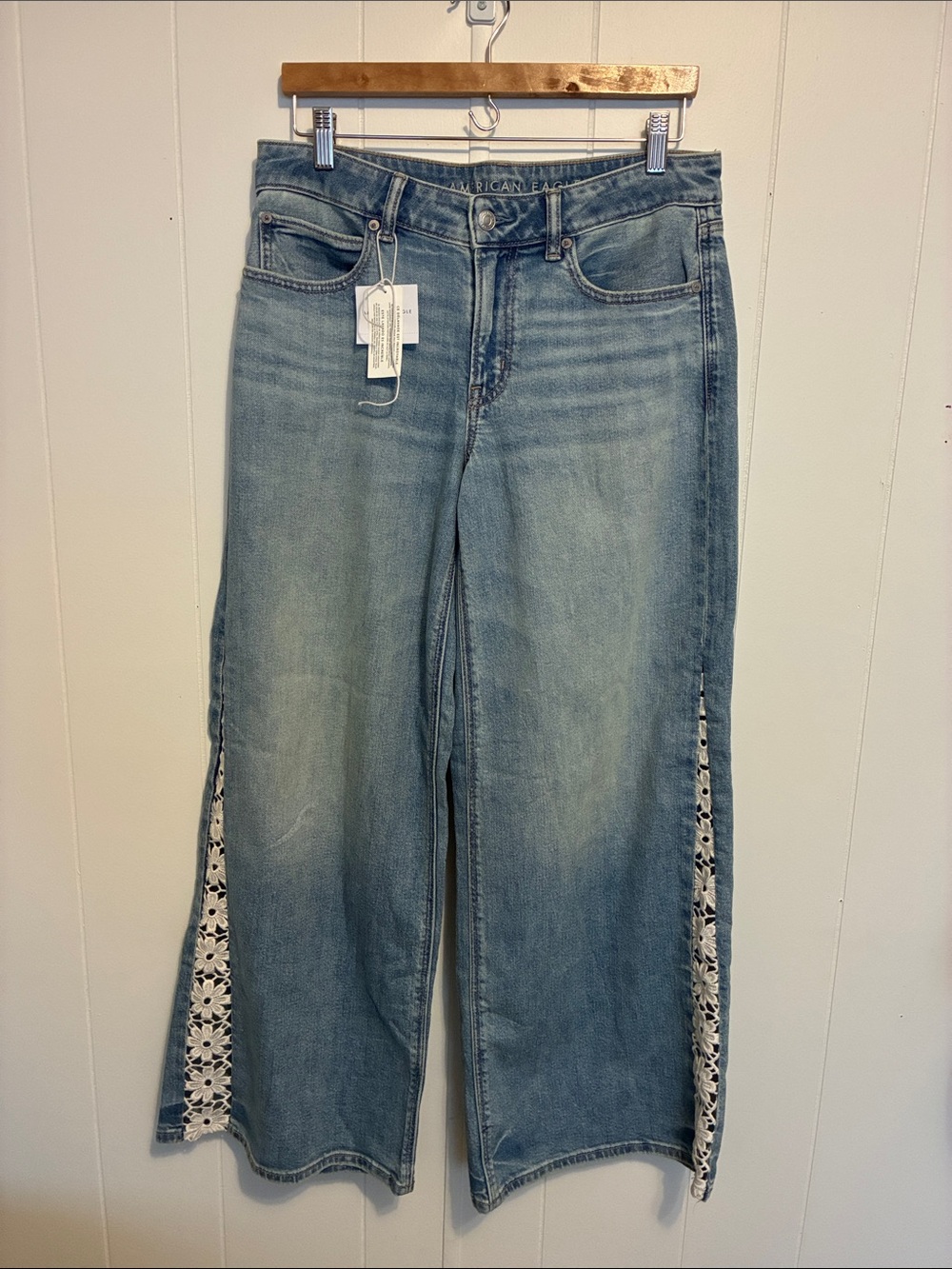 American Eagle Outfitters Light Blue Wide-Leg Jeans with White Lace Side Inset